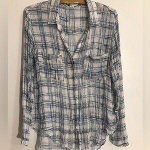 Anthropologie Cloth And Stone Button Down Long Sleeve  Shirt Plaid Blue Size S